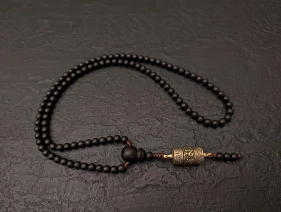 Image 1 of Black Ebony Wood Mala Necklace 108 Beads Tibetan Rotating Prayer Wheel Pendant Om Mani