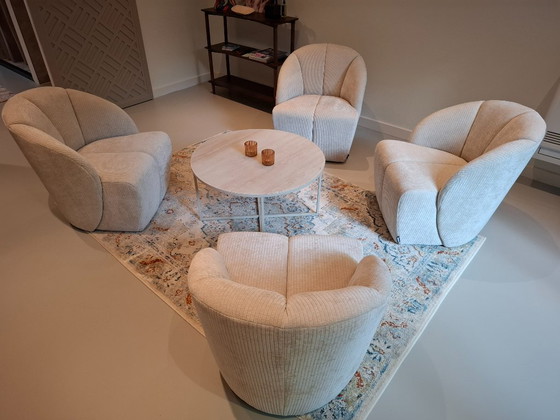Set of 4 WOOOD Armchairs, Beige Ribbed Fabric, New Condition, Textile, Creme (photo 2 of 5)