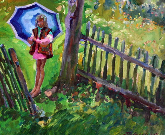 Peinture à l'huile originale Paysage rural Fille Pluie d'été – Peintures et dessins, Canvas (photo 5 of 5)