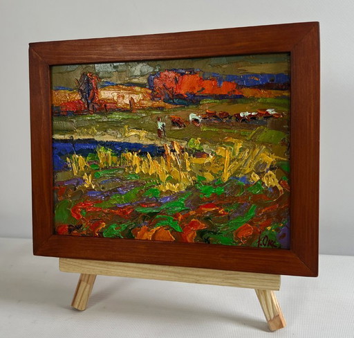 Originales Ölgemälde Abendlandschaft auf den Herbstwiesen