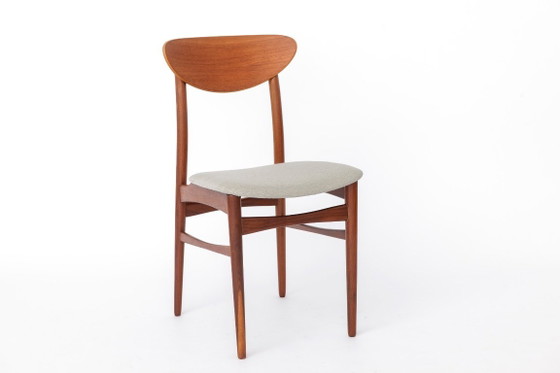 Image 1 of Vintage Danish Teak Dining Chairs, Set of 4, 1960s Scandinavian Mid Century Chairs, Newly Upholstered Light Grey Seats, Denmark