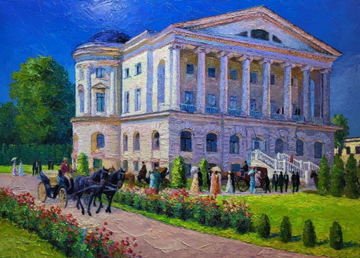 Original Oil Painting Palace Architecture Estate Outside The City – schilderijen tekeningen, Canvas