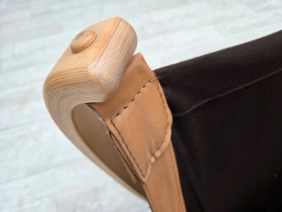 Image 1 of Scandinavische draaibare fauteuil uit de jaren 80, meubelleer, gebogen hout.