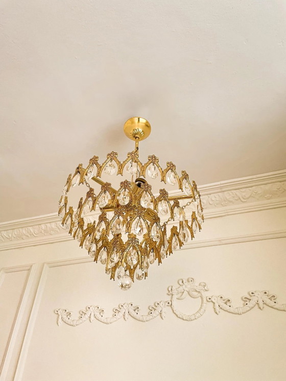 Lampadario Vintage Spagnolo in Ottone e Cristallo, Grandi Gocce, 3 Luci, Anni '70 – Glass, Brass (photo 9 of 9)