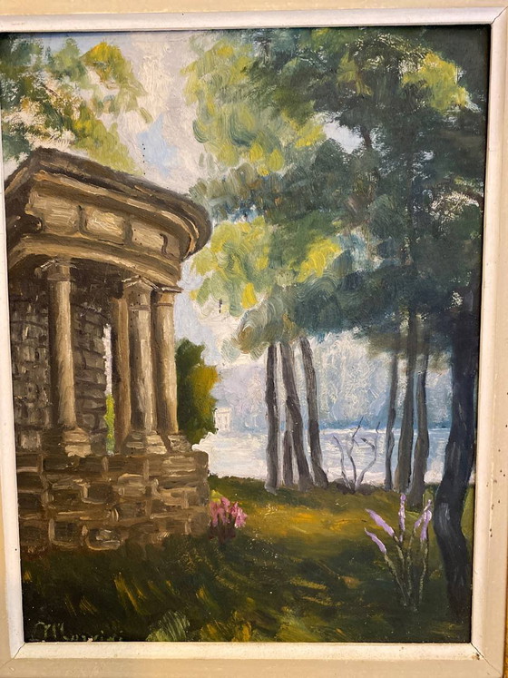 Oil on wood, Italianate park with columnar temple, circa , gilded frame, 47 x 37 cm – Paintings & Drawings (photo 2 of 8)