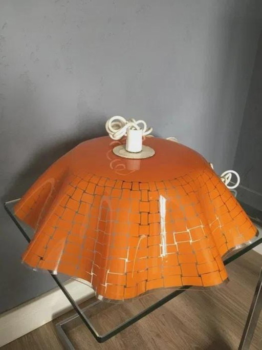 Plafoniera polacca, vetro arancione dipinto a mano con bordo ondulato, anni '70-'80