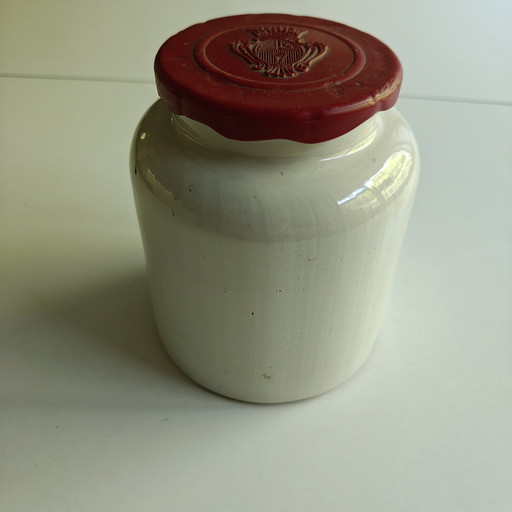 Vintage Pommery Moutarde de Meaux Senftopf aus glasiertem Steingut, mit originalem roten Deckel.