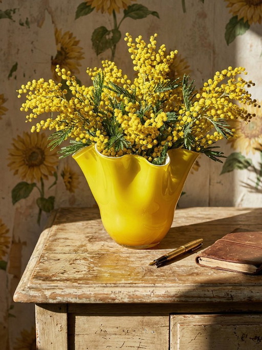 Vase Fazzoletto en verre soufflé italien, opaline doublée jaune, Murano 1960-70