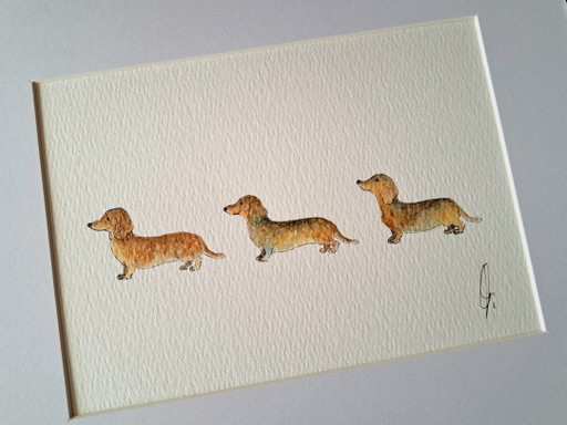 Acuarela original de perros salchicha | Incluye marco – schilderijen tekeningen, Paper (photo 2 of 5)