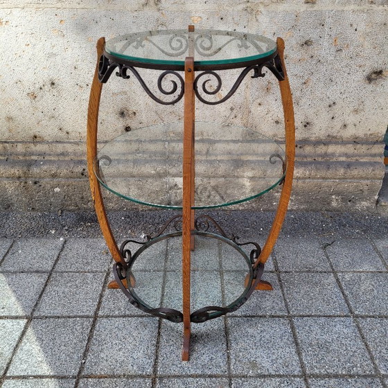 Image 1 of Guéridon en chêne, fer forgé et verre, style milieu du XXe siècle, années 1950 – France