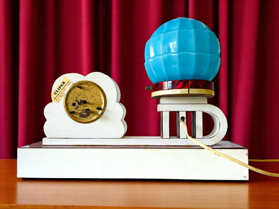 Image 1 of German Art Deco wood mother of pearl silver clock blue opaline glass lamp set with drawers, 1930s