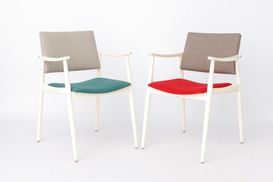 Image 1 of Pair of Vintage White Armchairs, Germany 1970s, Mid Century Dining Chairs with Colorful Upholstery, Beechwood Lounge Chairs