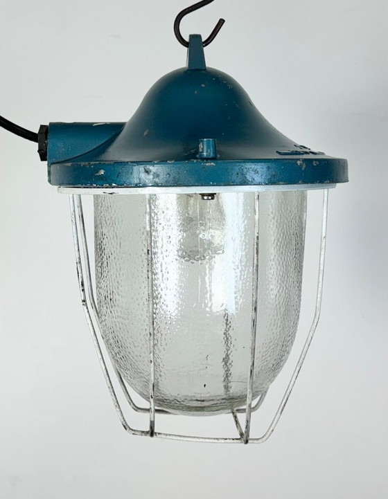 Image 1 of Blauwe industriële bunkerkooilamp van Polam Gdansk, jaren 70