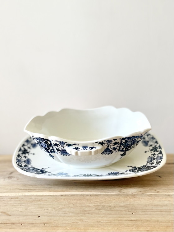 Image 1 of Vintage Gien France Gravy Boat with Stand Blue White Faience - French Mid-Century Pottery Collectible Tableware