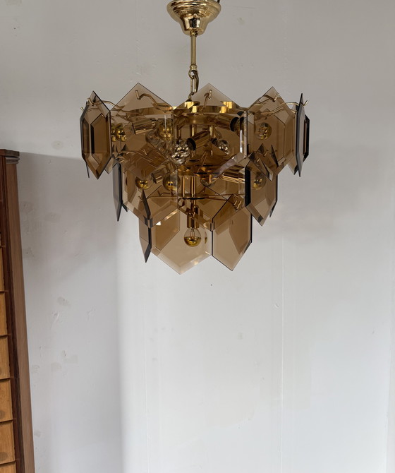 Image 1 of Vintage hexagon rookglazen kroonluchter, Italië ‘70