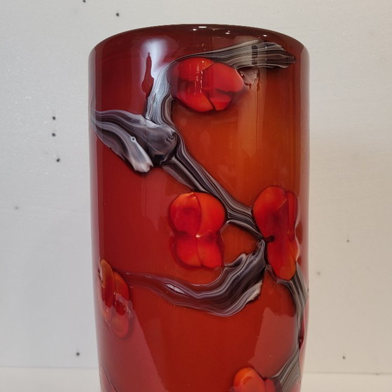 Image 1 of Jarrón floreado rojo, vidrio de Murano, 90’s - Italia
