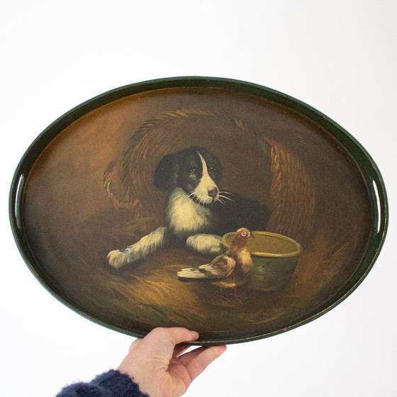 Image 1 of Vintage handbeschilderd houten dienblad met hond en duif