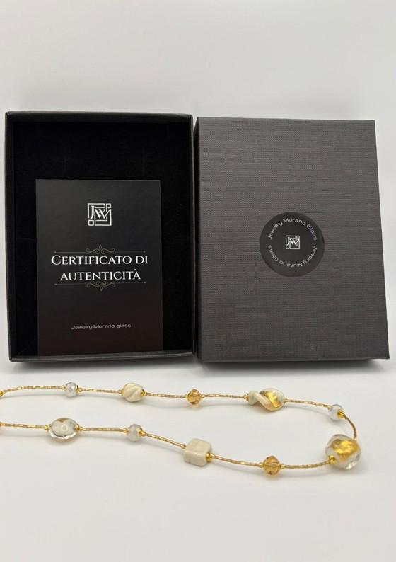 Image 1 of White Murano Glass Necklace with 24kt Gold Leaf – Venetian Artisan Jewelry