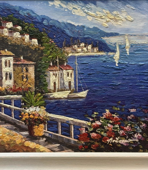 Mixed media painting on retouched canvas, Antonio Wallis 50x70cm, seascape, coast – Paintings & Drawings, Wood (photo 3 of 6)
