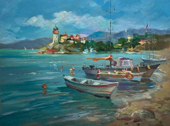 Image 1 of Original Oil Painting Summer Coastal Landscape Boats and lighthouse