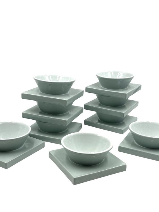 Image 1 of Set van 9 lichtblauwe keramische kommen, I + I Italië, jaren 70.