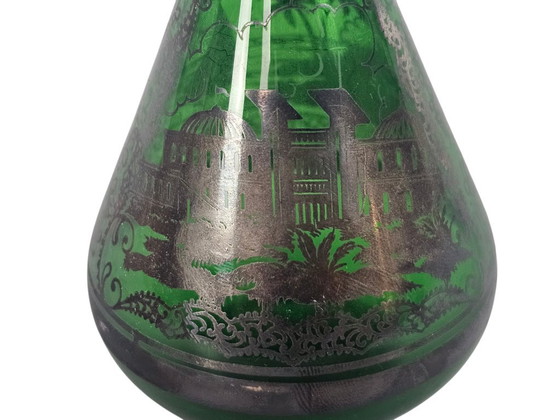 Image 1 of Vaasje - Groen - zilver overlay - handgeschilderd - Italie (San Remo) - 60's