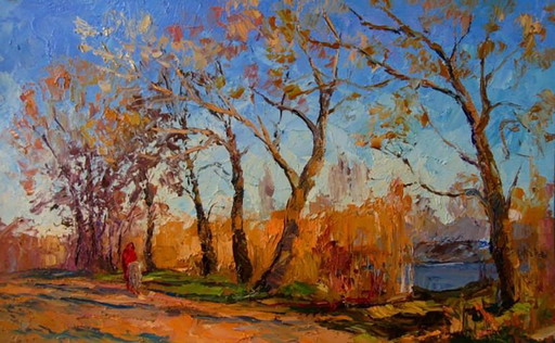 Origineel olieverfschilderij Herfstlandschap Natuur Rivier Tijdens een wandeling