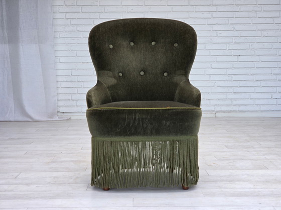 Image 1 of 1970er Jahre, dänischer Beistellstuhl, grüner Möbelvelours, Beine aus Buchenholz.