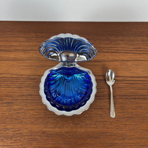 Silver-Plated Metal Shell Butter Dish with Blue Insert, 1970