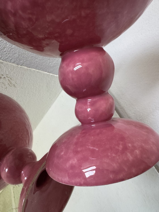 Image 1 of Grande coupe sur pied faïence Digoin rose