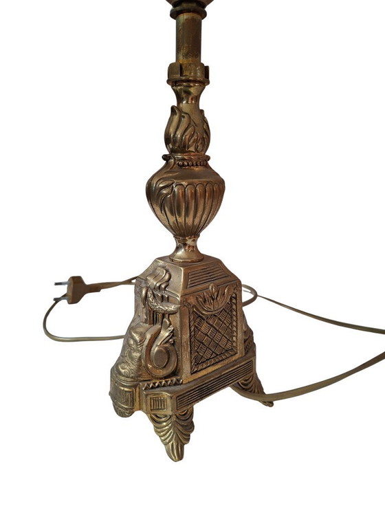 Image 1 of Vintage Neoclassical Style Table Lamp in Brass and Green Marble from the 1950s