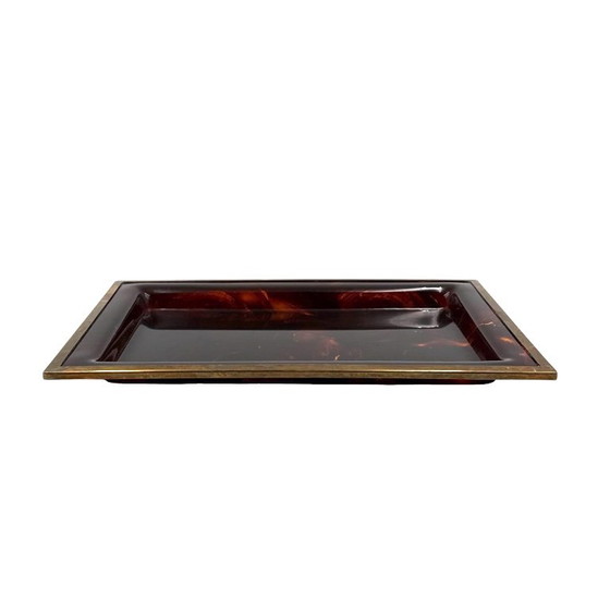 Vassoio in lucite marrone Hollywood Regency, Italia anni '70, Oggetti decorativi, Plastica, Ottone, Vintage (foto 11 di 12)