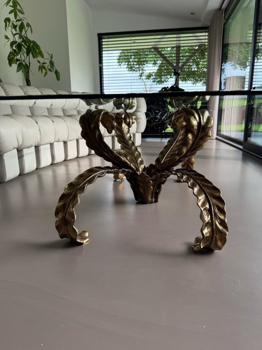 Table basse unique en bronze brutaliste avec plaque de verre à facettes (1970)