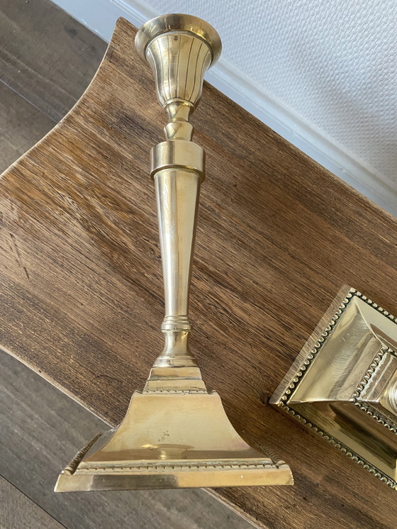 Image 1 of 2 large vintage brass candlesticks pearl rim