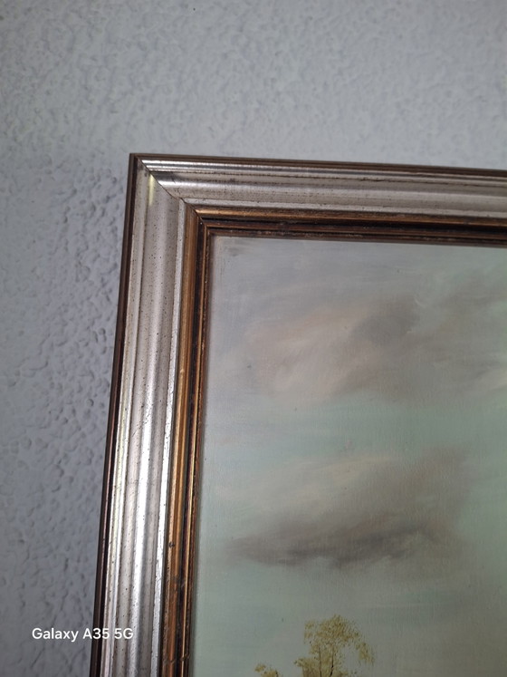 Image 1 of Oud olieverfschilderij, winterlandschap / schaatsers, gesigneerd Hoffmann, met lijst.