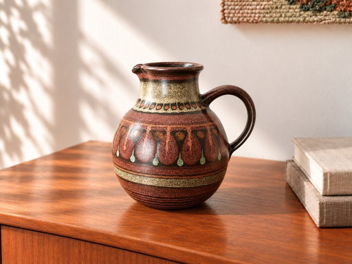 Vase pichet en céramique vintage KMK Kupfer Mühle, décor géométrique marron bordeaux, poterie Mid Century 1960s–1970s