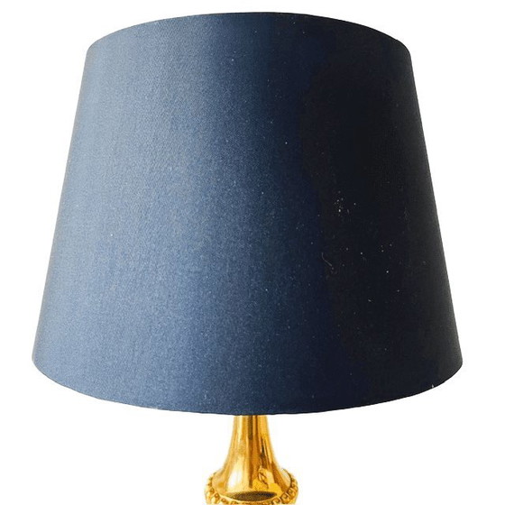 Image 1 of Lampada da tavolo francese vintage, in vetro tagliato, ottone e seta blu, anni '50.