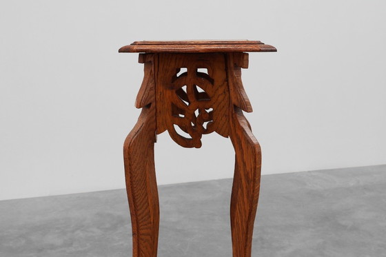 Image 1 of Art Deco tall pedestal in oak with 2 levels, France ca. 1915