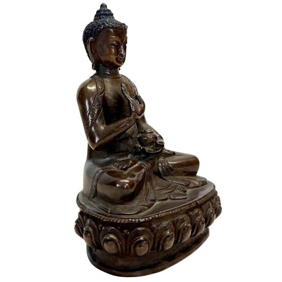 Antieke Nepalese Bronzen Medicijn Boeddha (Bhaisajyaguru) - 13cm - 800g – Beeldhouwkunst (photo 2 of 9)