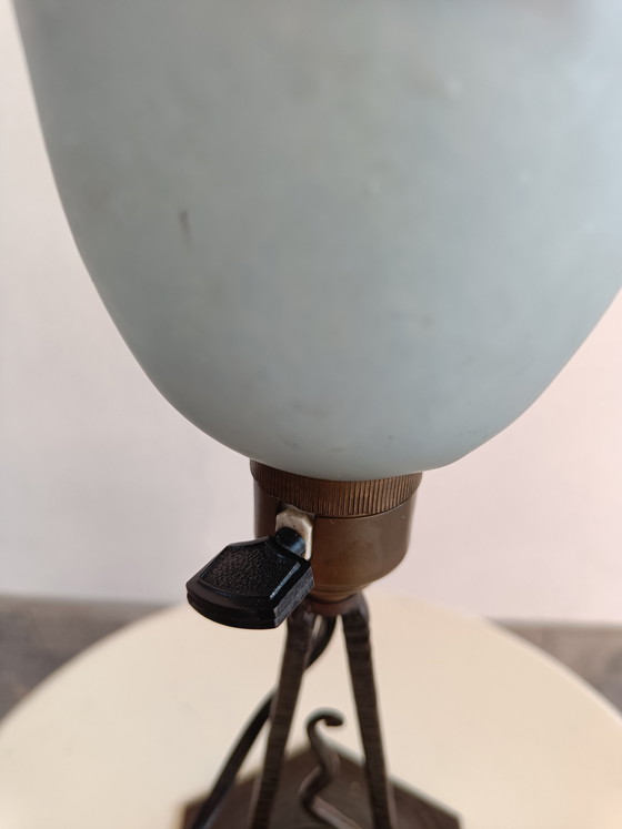 Image 1 of French style wrought iron lamp with signed frosted glass shade