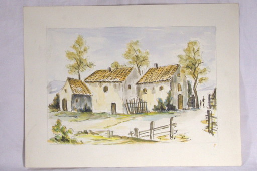 Watercolor painting of a Provençal farmhouse and two people (adult and child), 32x24cm – schilderijen tekeningen, Paper