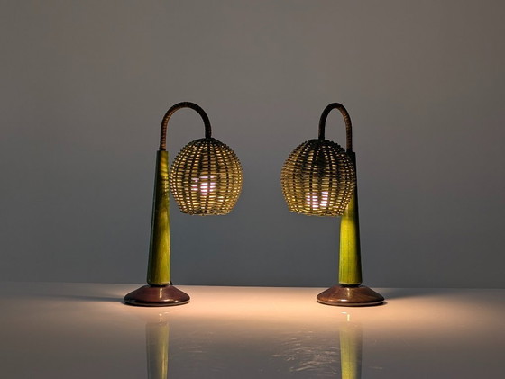 Image 1 of Lampade in rattan verde in stile moderno organico Mario Lopez Torres, anni '80