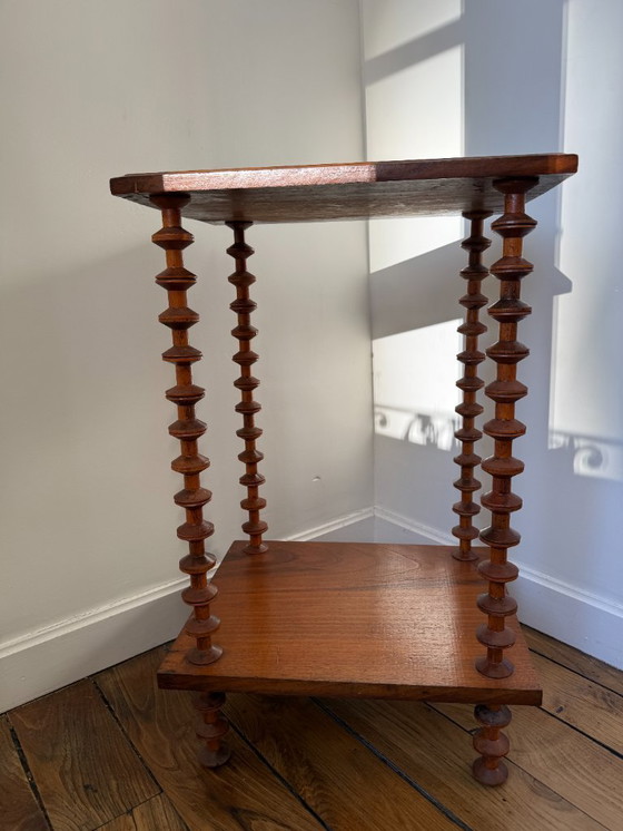 Image 1 of Table d'appoint / sellette en bois art déco étagère bobines années 50