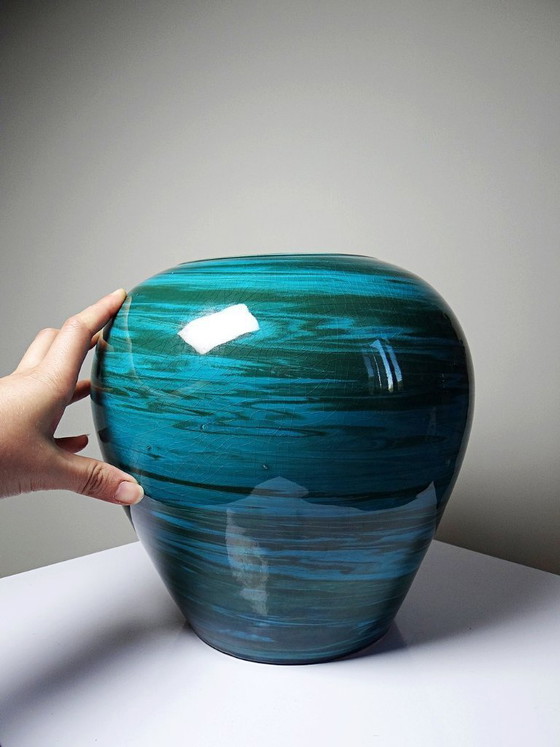 Image 1 of Large ceramic vase with mixed clays, malachite green glaze, 1950s-70s