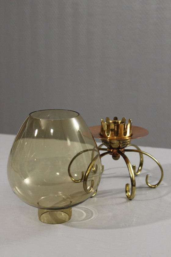 Image 1 of Modernist design candlestick from the 1950s in copper, brass & smoked glass