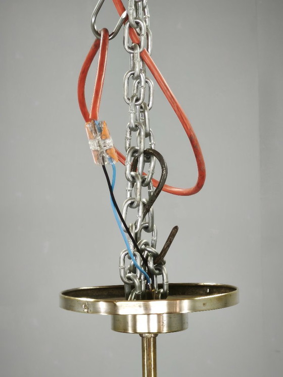 Image 1 of Lustre Art Déco tchèque des années 1930 en nickel avec abat-jour en verre champagne
