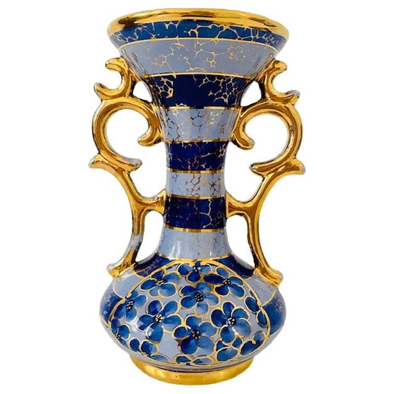 Image 1 of Mid-century Belgian vase blue gold Bequet baroque 1950s