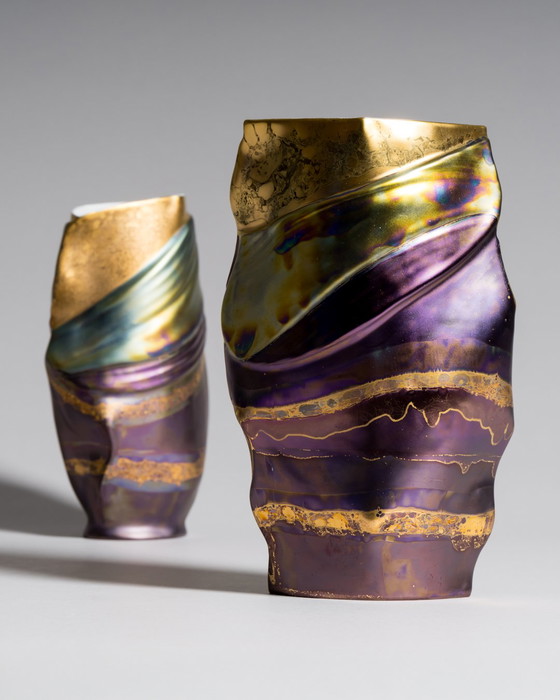 Image 1 of Porcelain Vase Duo by Johan van Loon × Helmut Drexler for Rosenthal Studio Linie Hand-painted Eosin-glazed 