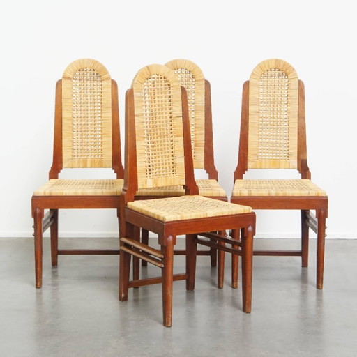 4x Unieke rieten Art Deco design eetkamerstoel met een hoge rug en afneembare stoffen zitting – eetkamerstoelen, Wood