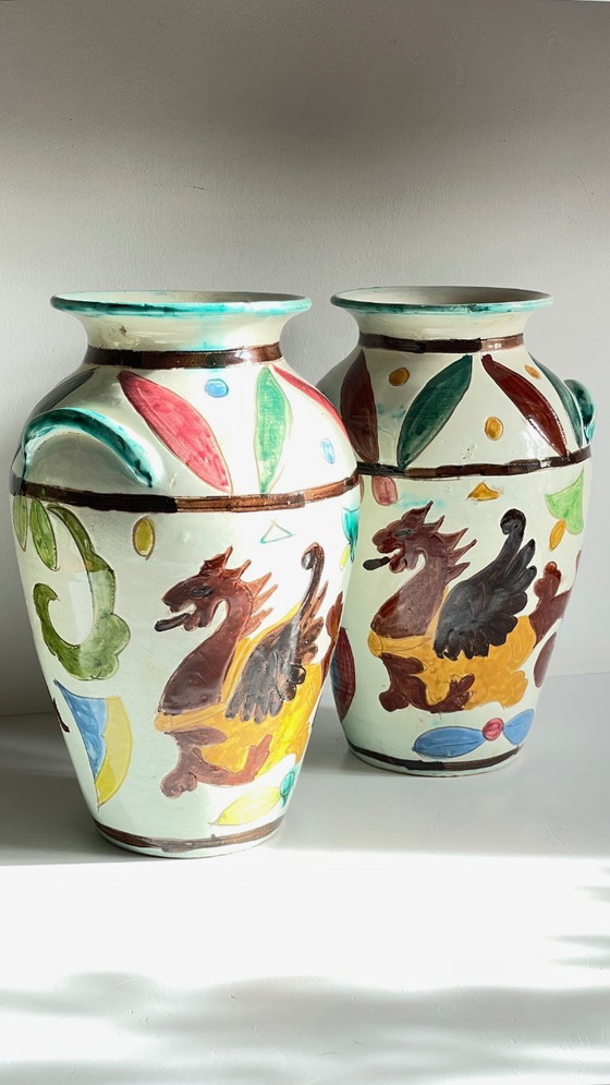 Image 1 of Italian Majolica Vases with Dragon Motif